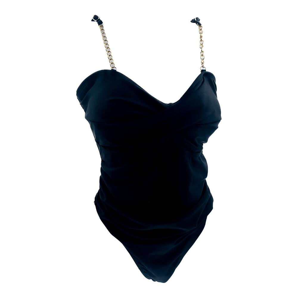 Womens Swimsuit Size 1XL One Piece Used Black Ruching Gold Chain High Leg V Neck